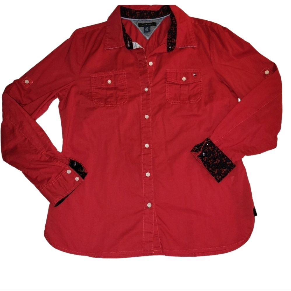 Tommy Hilfiger Red Roll Tab Sleeve Button Down Shirt Navy Contrast Trim Size Lg
